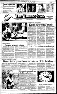 The Times-News, 27 aprile 1980: Carter, Kennedy, Ostaggi