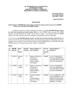 INSPIRE Fellowship Sanction Order - DST, India