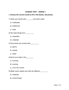 Grade 1 Science Test: Hygiene, Materials, Body Parts
