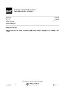 Cambridge Science Checkpoint Mark Scheme 2016