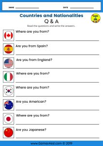 Countries and Nationalities Worksheet for ESL Learners