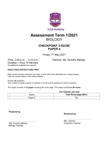 IGCSE Biology Checkpoint Exam Paper 2021