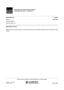 Cambridge Maths Checkpoint Paper 1 Mark Scheme April 2018