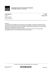 Cambridge Secondary 1 Math Checkpoint Mark Scheme 2019