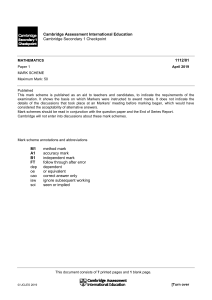 Cambridge Secondary 1 Math Mark Scheme April 2019
