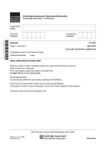 Cambridge Secondary 1 English Exam Paper 2019