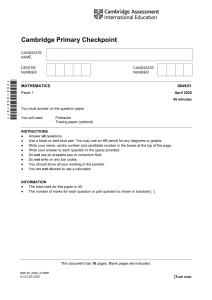 Cambridge Primary Checkpoint Math Paper 1 - April 2020