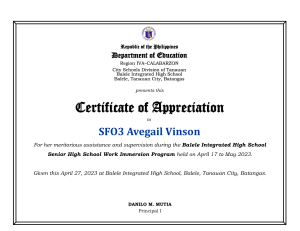Certificate of Appreciation for SFO3 Avegail Vinson