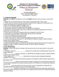 Rizal Midterm Exam: Life and Works of Rizal