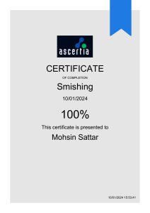 Smishing Certificate: Mohsin Sattar Completion