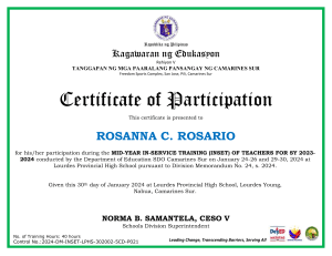 Certificate of Participation: Teacher In-Service Training