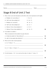 Middle School Math Test: Algebra Expressions & Equations
