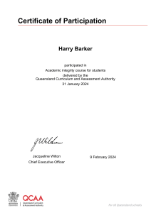 Certificate of Participation: Academic Integrity Course