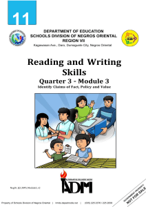 Reading & Writing: Claims of Fact, Value, Policy - Grade 11 Module