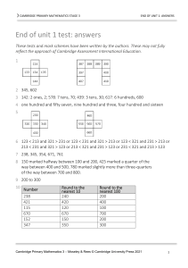 Cambridge Primary Math Stage 3: End of Unit Test Answers